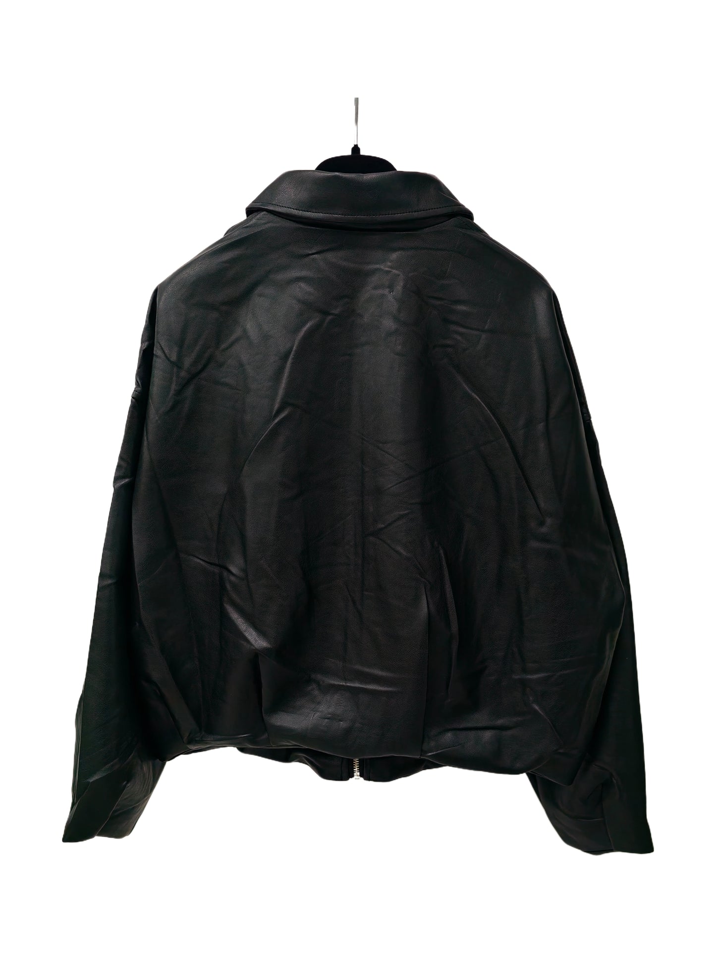 Women’s Faux Leather Bomber Jacket – Oversized Zip-Up Jacket with Belted Hem, Minimalist Street Style Outerwear