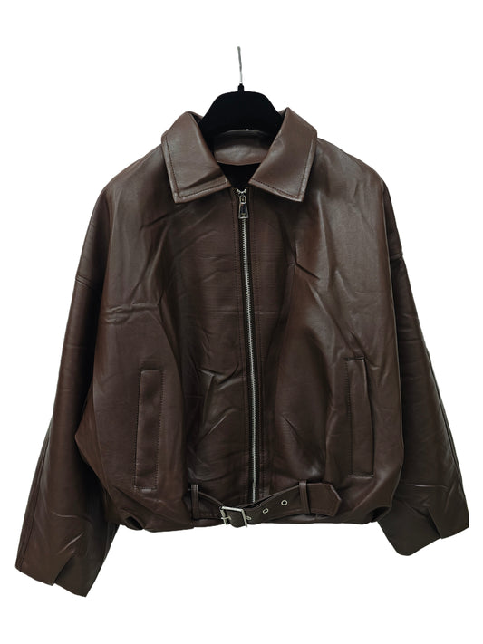 Women’s Faux Leather Bomber Jacket – Oversized Zip-Up Jacket with Belted Hem, Minimalist Street Style Outerwear (Copia)
