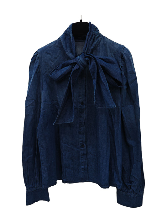 Women’s Bow Tie Denim Blouse – Vintage-Inspired Long Sleeve Shirt, Elegant Ribbon Collar Top, Feminine Casual Chic Style