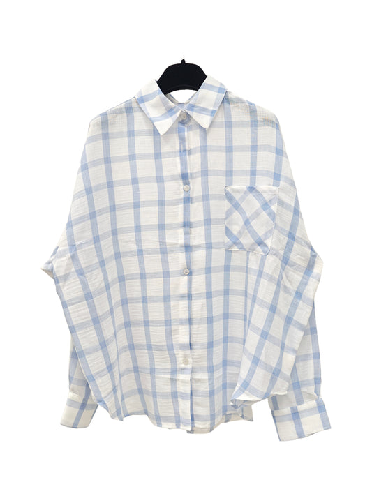 Women’s Blue Plaid Button-Up Shirt – Relaxed Fit Lightweight Blouse, Minimalist Casual Chic Everyday Top