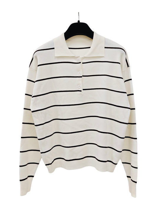 Women’s Blue Striped Knit Polo Sweater – Soft Cropped Long Sleeve Minimalist Pullover Top