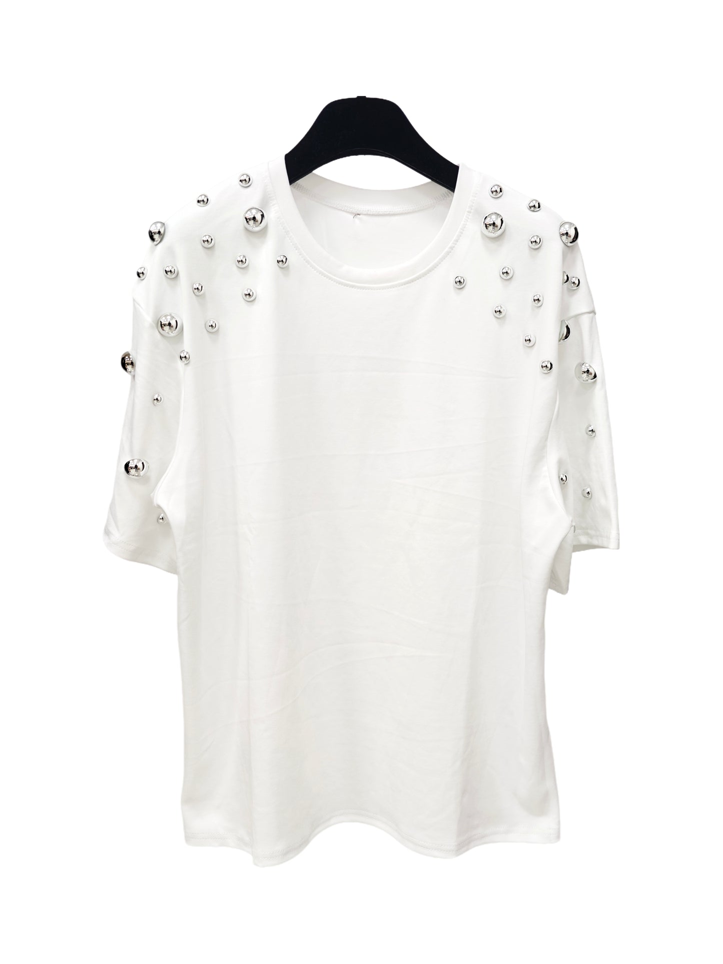 Women’s Studded Shoulder Oversized T-Shirt – Minimalist Short Sleeve Tee with Metal Ball Embellishments, Street Style Statement Top