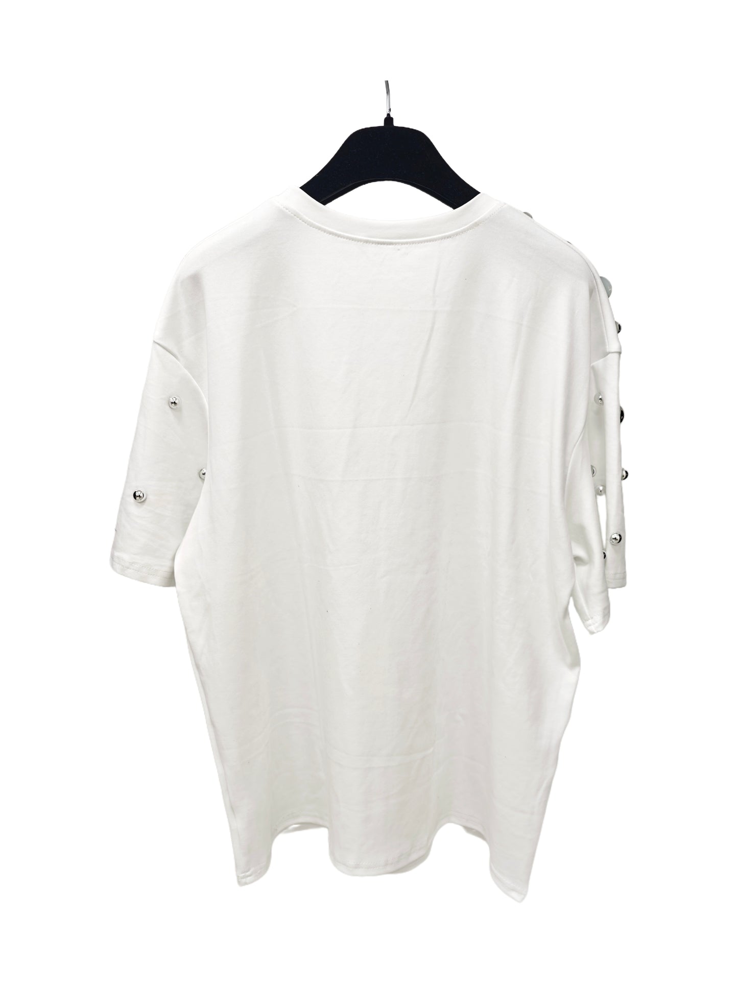 Women’s Studded Shoulder Oversized T-Shirt – Minimalist Short Sleeve Tee with Metal Ball Embellishments, Street Style Statement Top