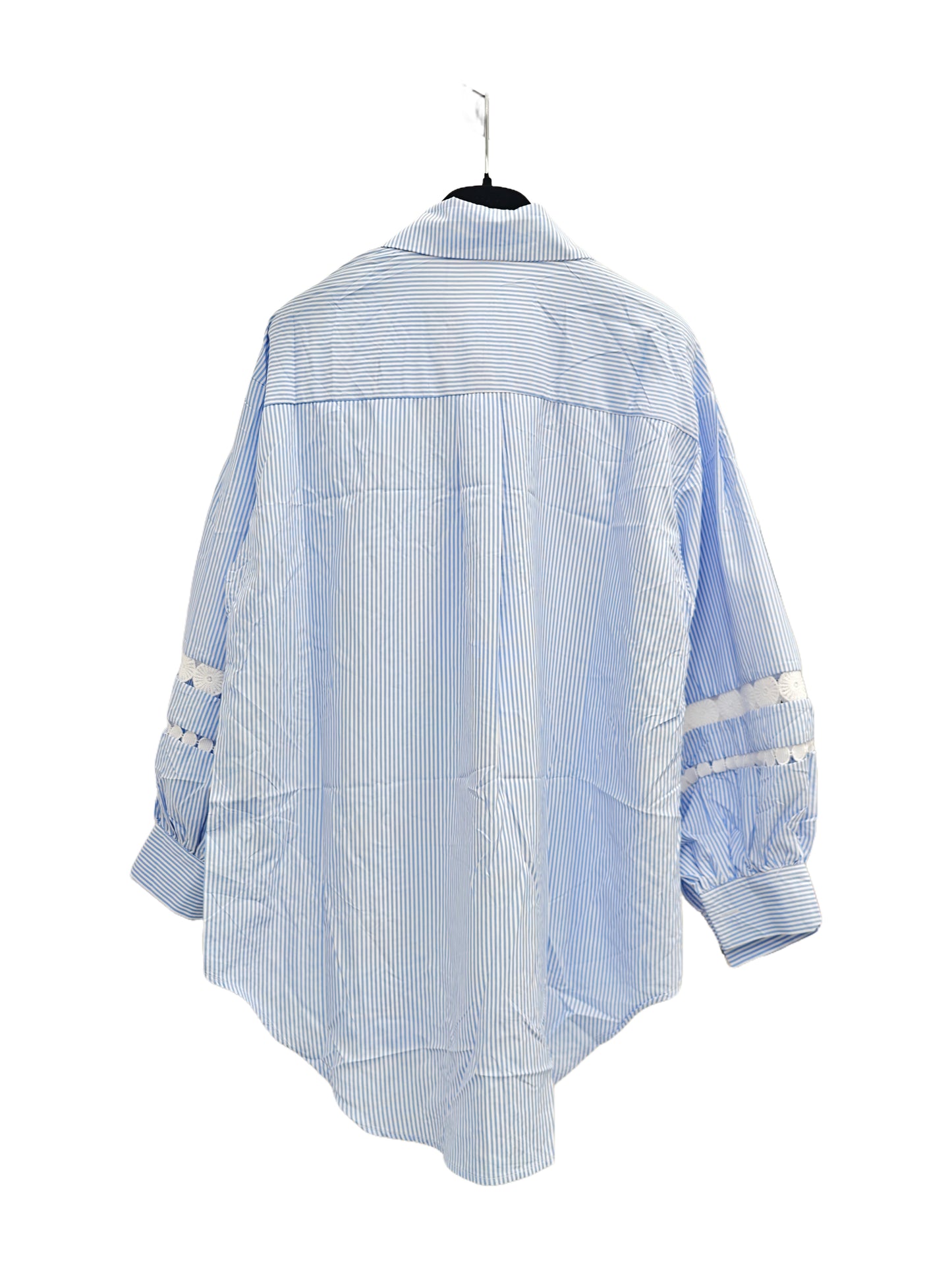 Women’s Blue Striped Oversized Shirt – Lace Trim Button-Up Blouse