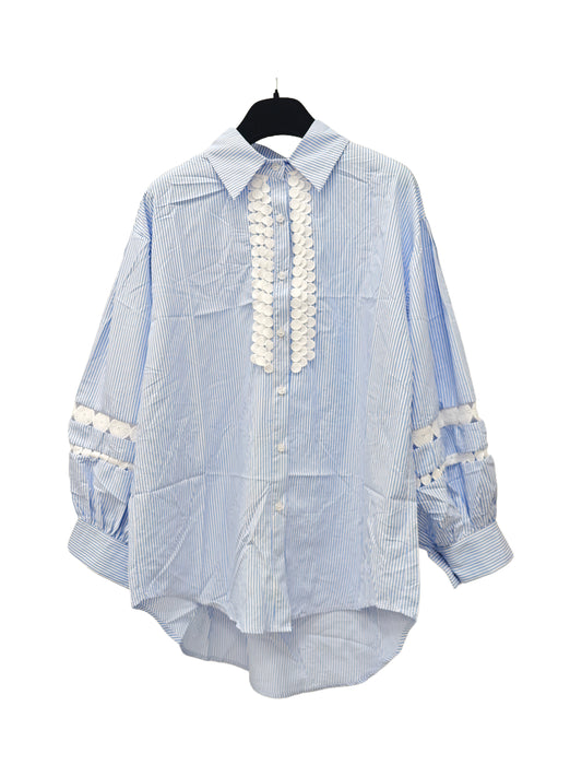 Women’s Blue Striped Oversized Shirt – Lace Trim Button-Up Blouse
