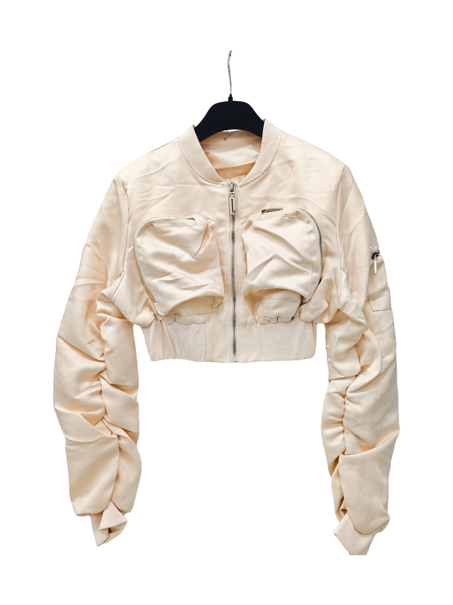 Women’s Cropped Bomber Jacket – Zip-Up Utility Pocket Jacket