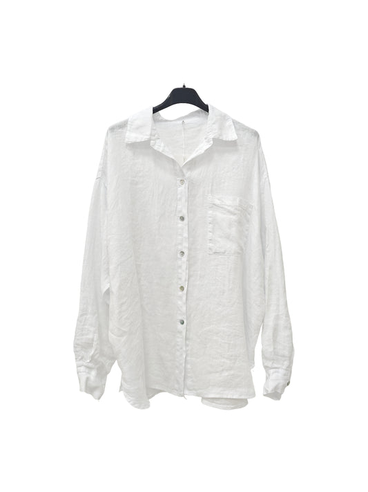 Women's Linen Oversized Button-Up Shirt – Lightweight Long Sleeve Relaxed Fit Blouse BIANCO