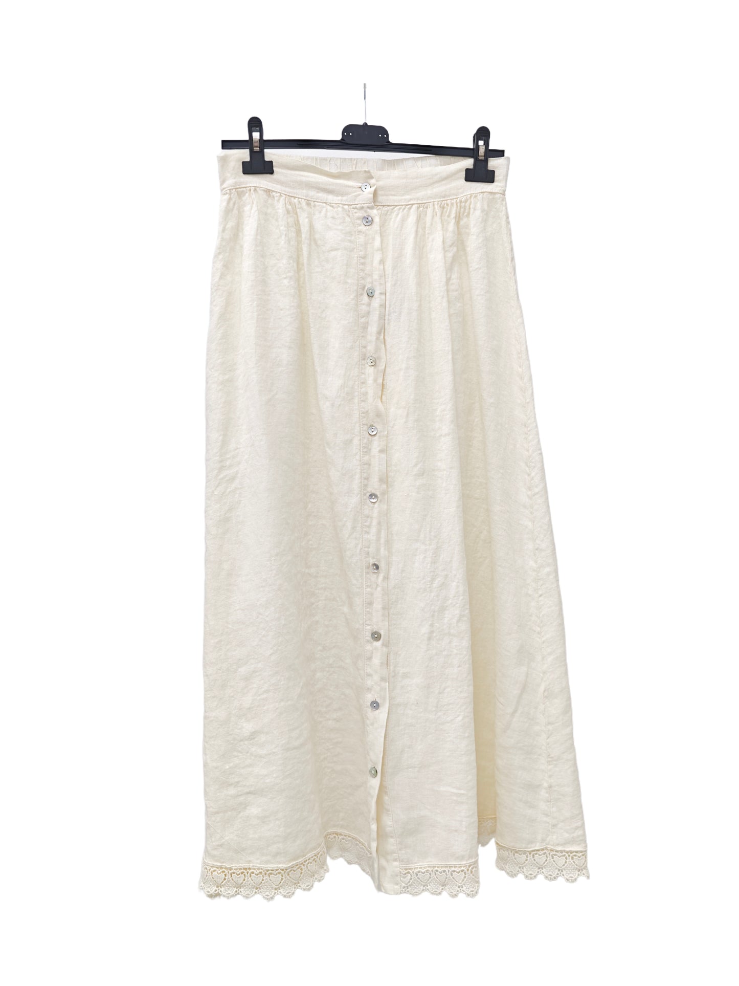 Women's Linen Button Front Maxi Skirt – Lace Hem A-Line Long Skirt with Elastic Waist