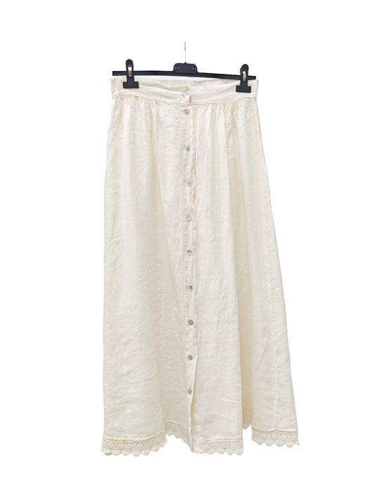 Women's Linen Button Front Maxi Skirt – Lace Hem A-Line Long Skirt with Elastic Waist