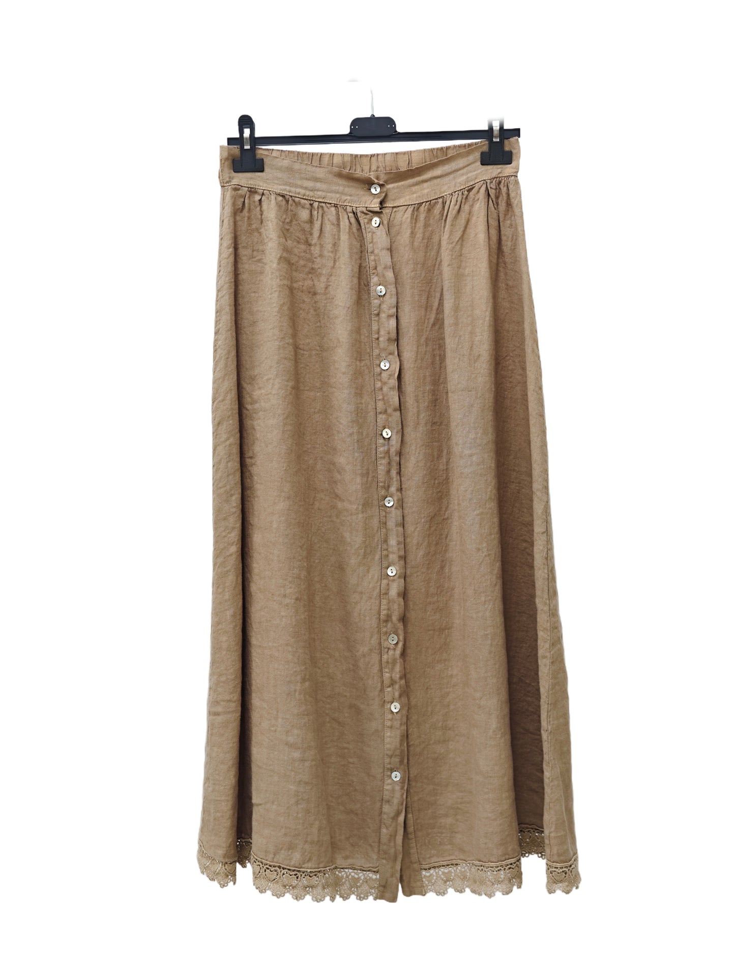 Women's Linen Button Front Maxi Skirt – Lace Hem A-Line Long Skirt with Elastic Waist