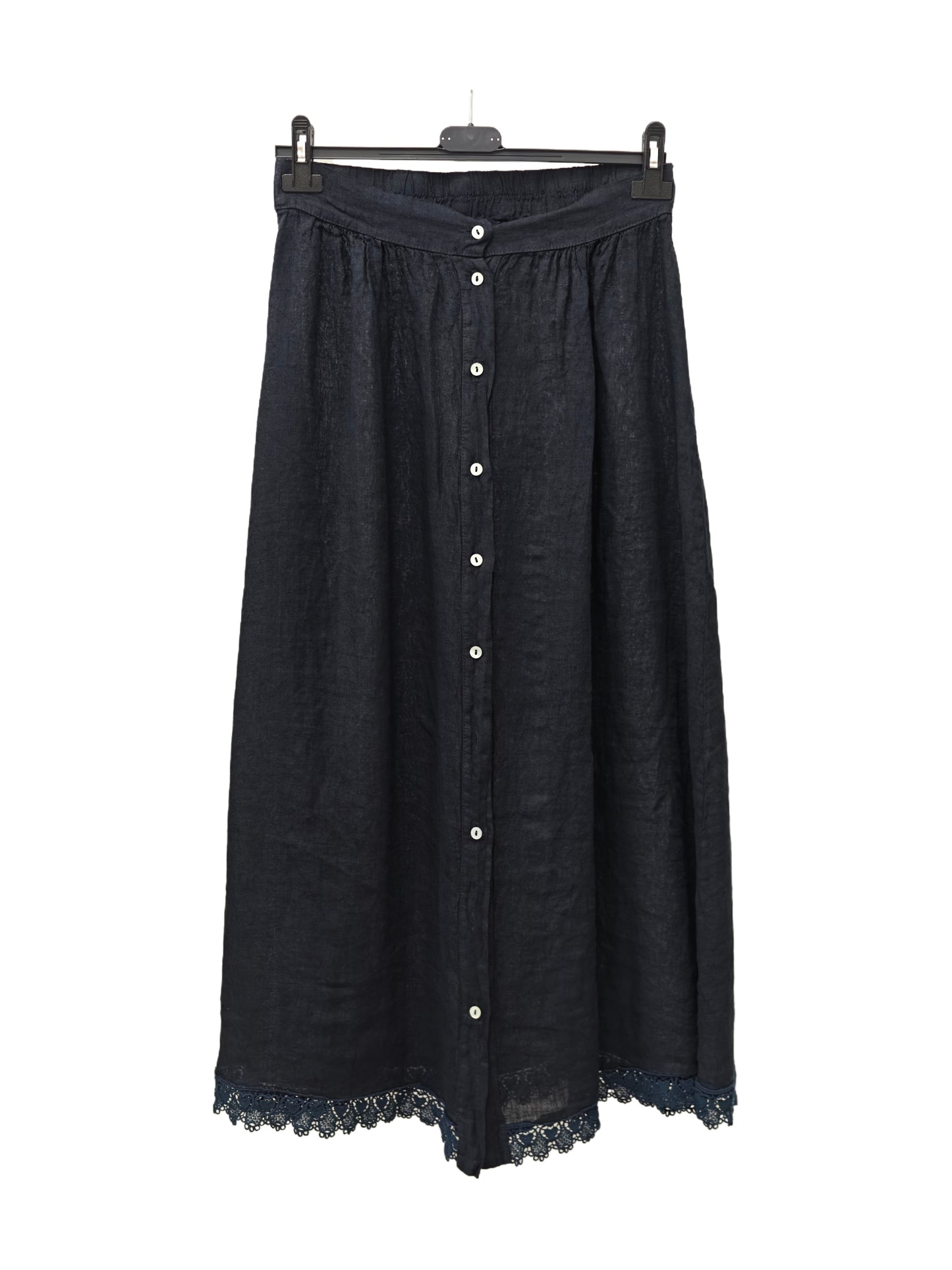 Women's Linen Button Front Maxi Skirt – Lace Hem A-Line Long Skirt with Elastic Waist
