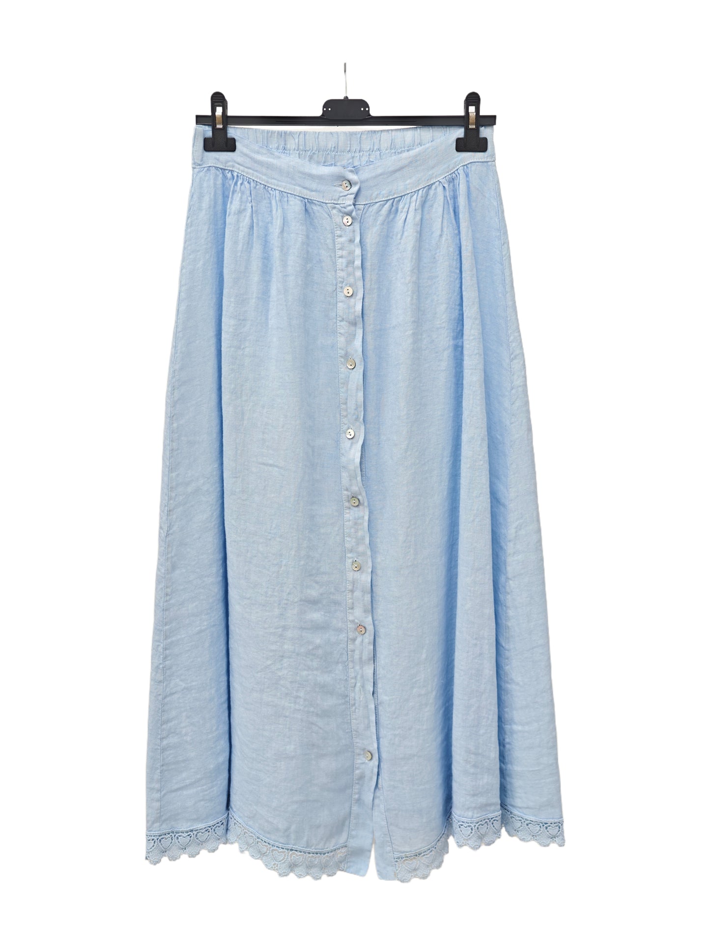 Women's Linen Button Front Maxi Skirt – Lace Hem A-Line Long Skirt with Elastic Waist