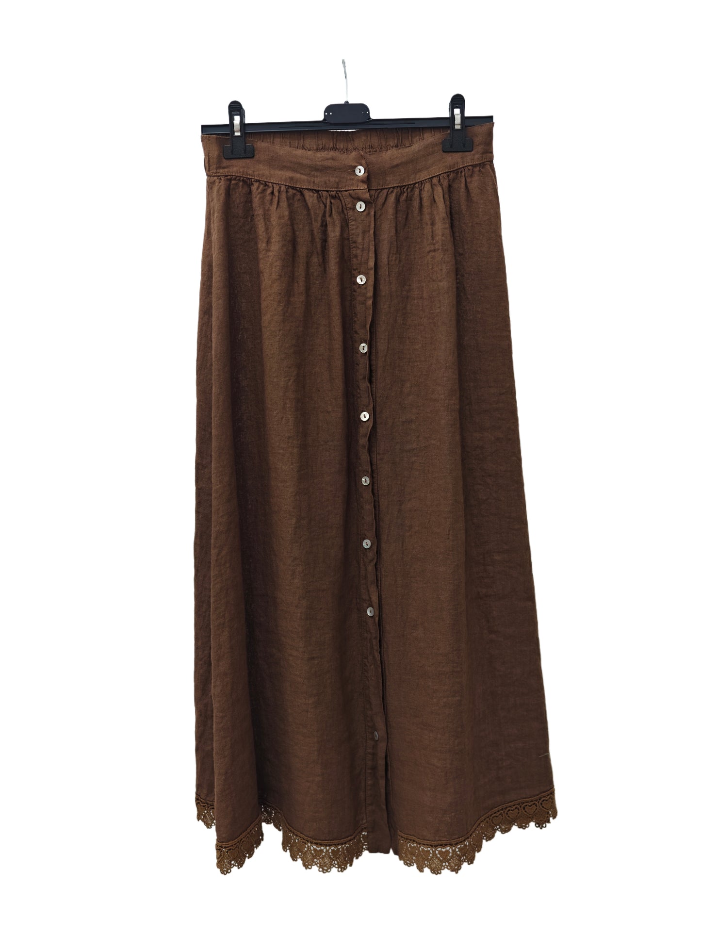 Women's Linen Button Front Maxi Skirt – Lace Hem A-Line Long Skirt with Elastic Waist