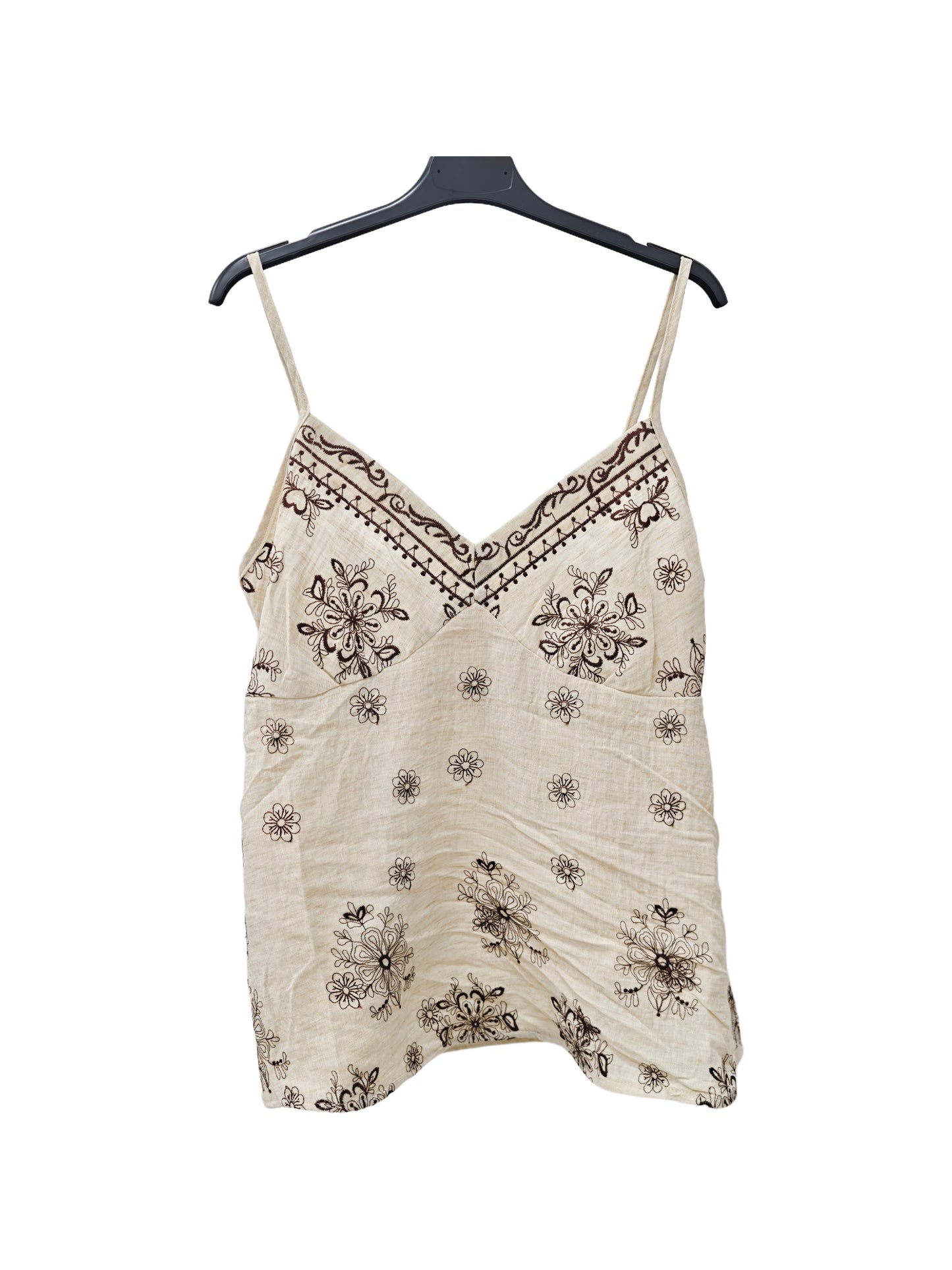 Women’s Embroidered Linen Cami Top – Boho Floral Print Spaghetti Strap Summer Tank BLU NAVY