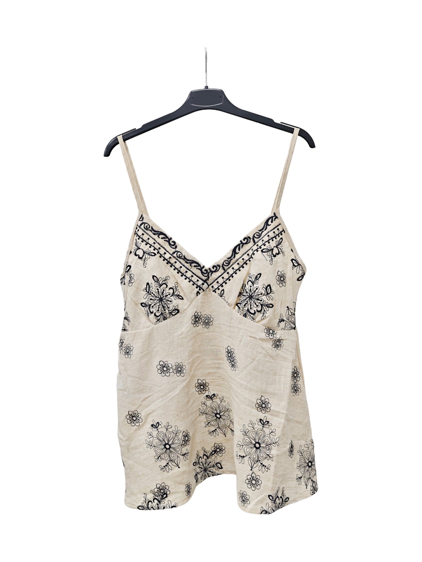 Women’s Embroidered Linen Cami Top – Boho Floral Print Spaghetti Strap Summer Tank BLU NAVY