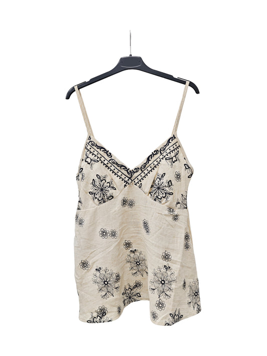 Women’s Embroidered Linen Cami Top – Boho Floral Print Spaghetti Strap Summer Tank BLU NAVY
