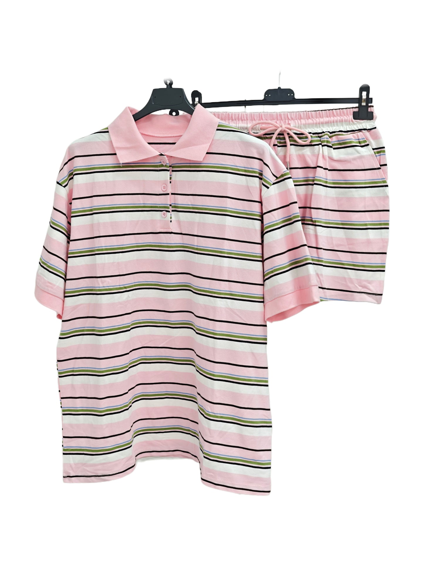 Women’s Striped Polo Shirt & Shorts Set – Casual Two Piece Lounge Set, Oversized Summer Co-Ord Outfit