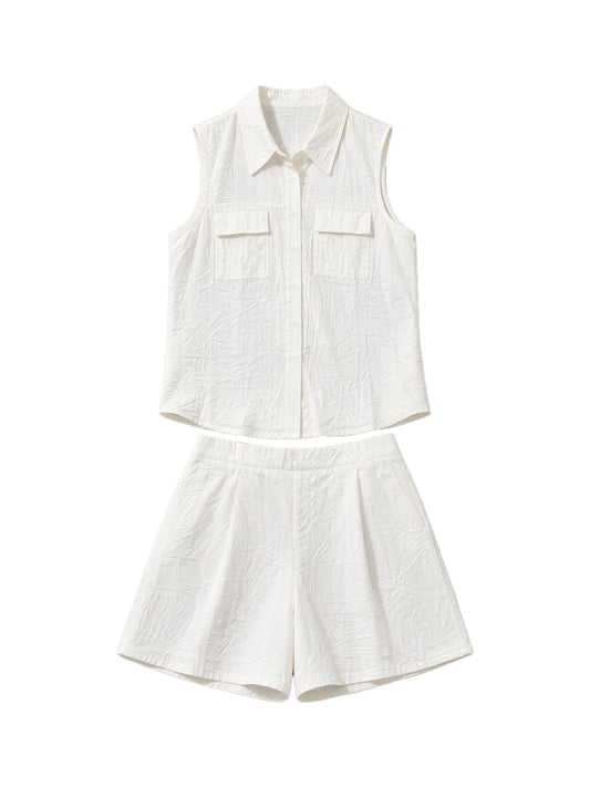 Women’s Linen Two-Piece Shorts Set – Sleeveless Button-Up Linen Shirt & Wide-Leg Shorts Co-Ord Summer Outfit