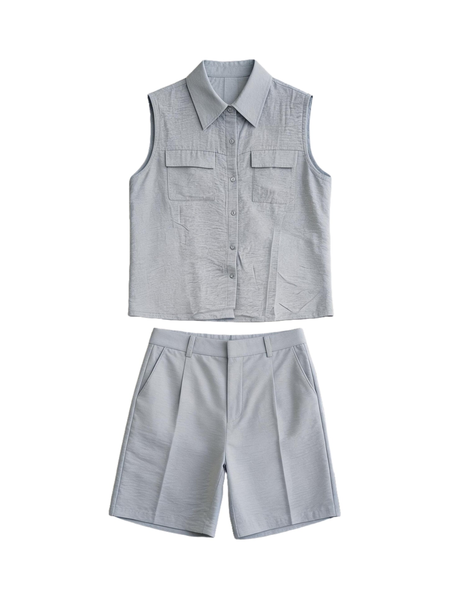 Women’s Linen Two-Piece Shorts Set – Sleeveless Button-Up Linen Shirt & Wide-Leg Shorts Co-Ord Summer Outfit
