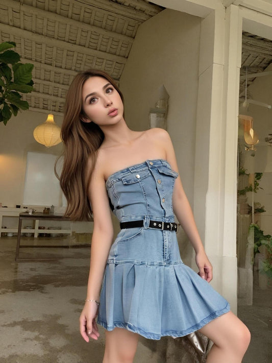 Abito in Denim con Gonna a Pieghe e Cintura